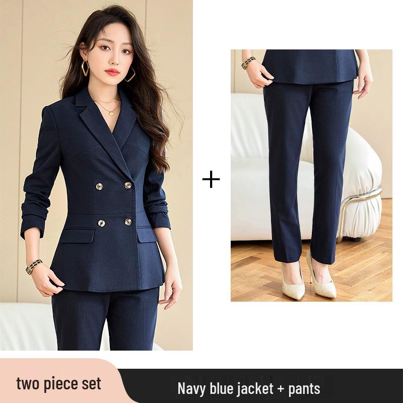 Women's Autumn Black Double-Breasted Blazer and Pants Set - Professional Slim Fit for Business and Interviews
