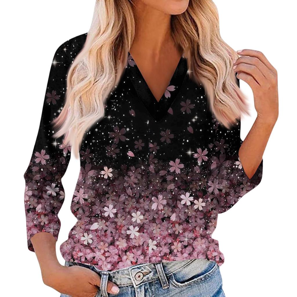 Women's Casual And Fashionable Flower Printing V-Neck Top With Seven Quarter Sleeves
