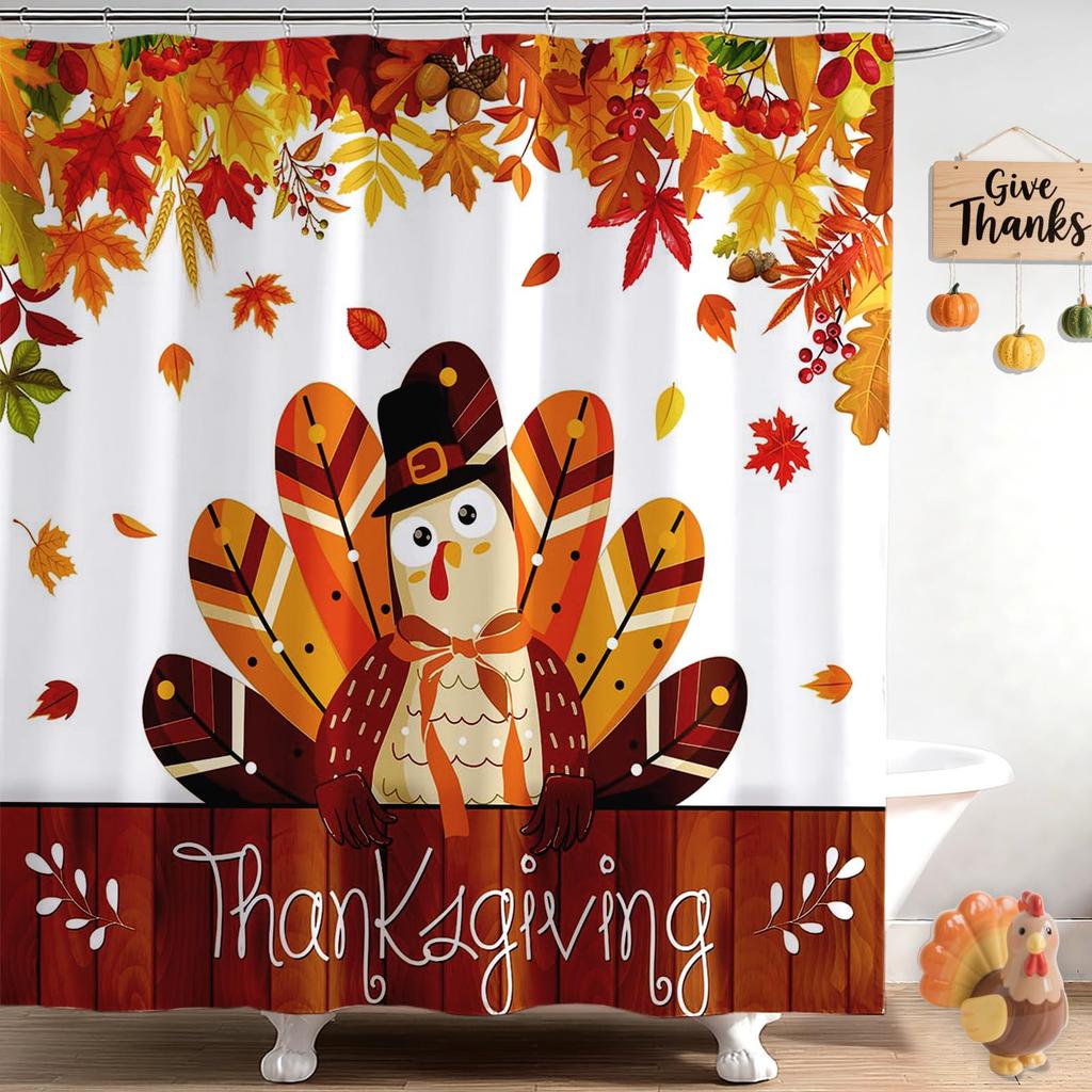 Thanksgiving Shower Curtain,Cartoon Turkey And Autumn Leaves Shower Curtain For Bathroom Decor Polyester Waterproof Bath Curtain