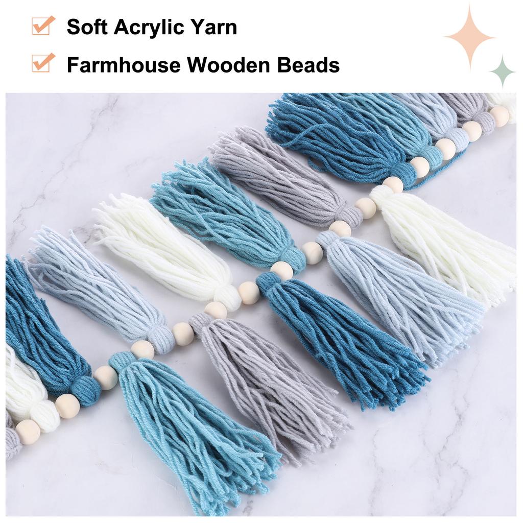 Bohemian Yarn Tassel Garland with Wood Beads 3.9Ft Wall Hanging Tassels Banner Western Room Decor for Bedroom Office Nursery