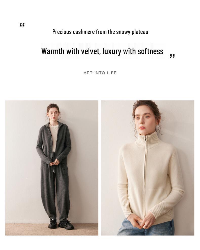 2025 A/W Women's Double-Layer Cashmere Stand Collar Cardigan Sweater with Zippers and Pockets