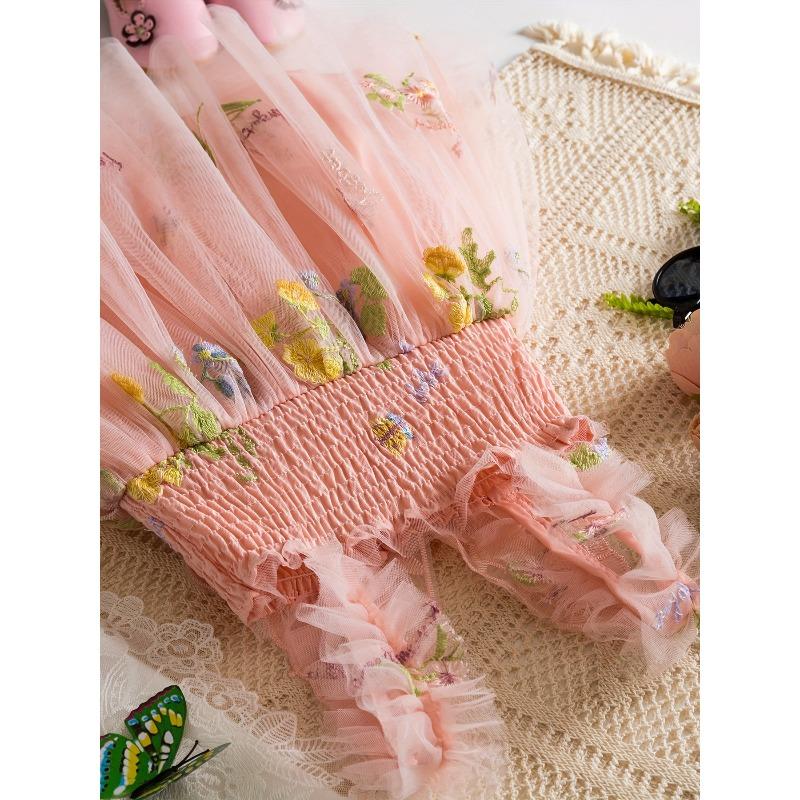 Mädchen-Traumhaftes Dreidimensionales Schmetterlingsflügelkleid, Süßes Mehrfarbiges Blumenbesticktes Netz-Prinzessinnenkleid für Sommer-Geburtstagspartys