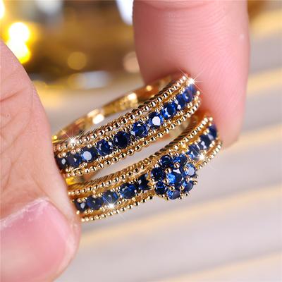 Luxury Female Blue Zircon Stone Engagement Ring Set Cute Yellow Gold Color Wedding  For Women
