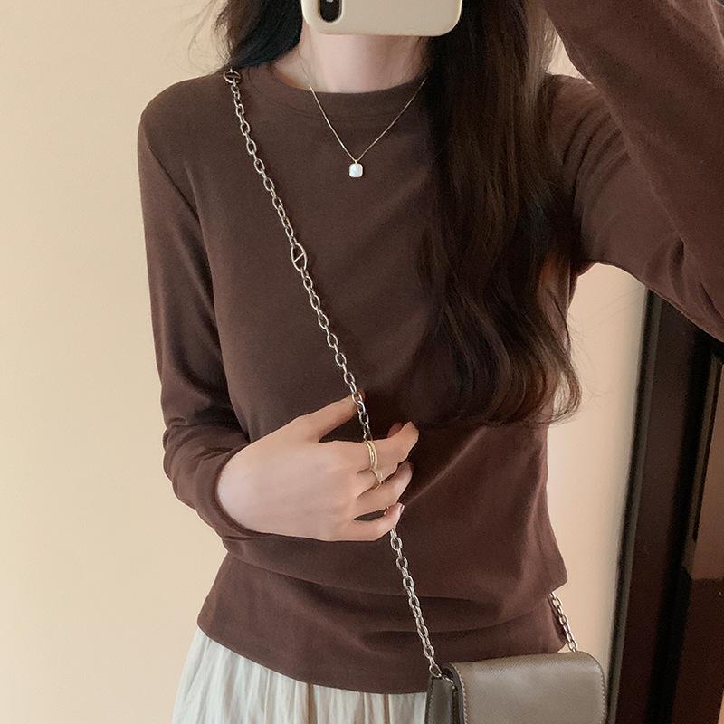 Tricou simplu cu gât rotund, culoare uni, mânecă lungă, față-verso, din catifea germană, pentru femei, toamnă și iarnă, stil nou, periat, slim fit, top versatil