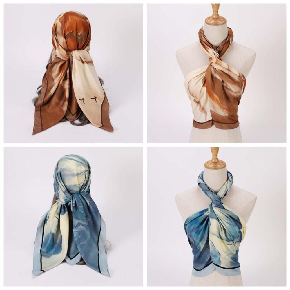 Ink Wash Printing Women Silk Scarf Sunscreen Shawl Head Neck Scarf  For Women