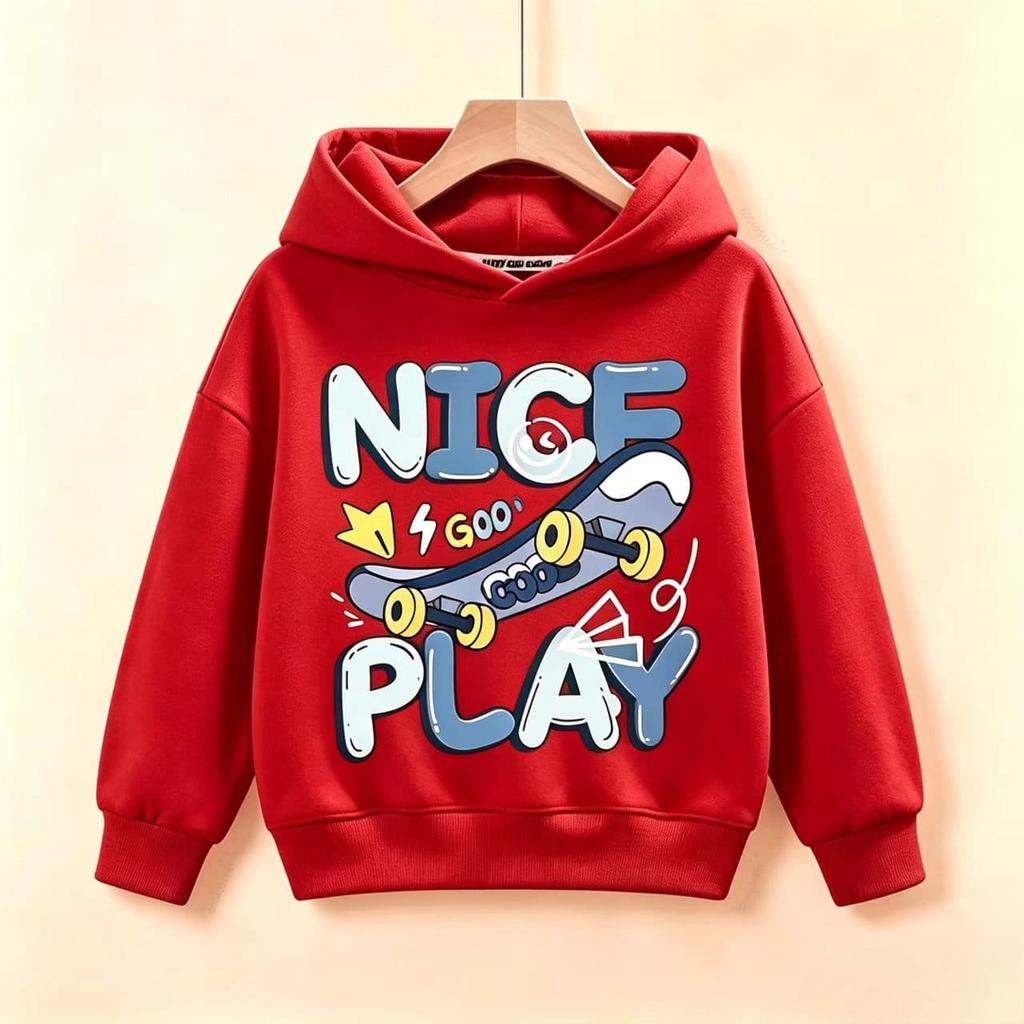 Latest trendy children's hooded sweatshirt with cool skateboard cartoon print, soft everyday children's t-shirt