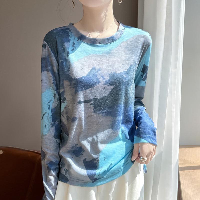 Women S Long Sleeve Round Neck Loose Fit Ink Painting T Shirt