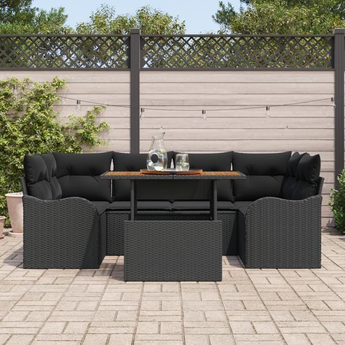 Ensemble de Canapés de Jardin de 7 Pièces avec Coussins Noir Poly Rattan, Canapé de Jardin 2 Places avec Rangement 3358151