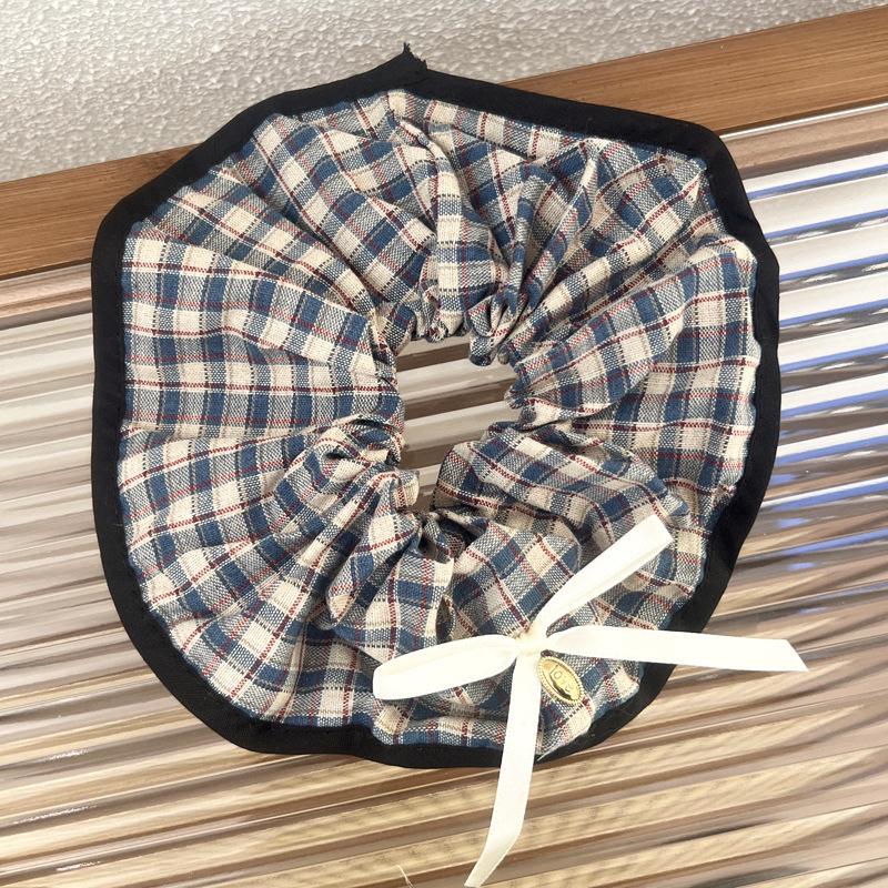 Elegant French Plaid Lace Bow Hair Scarf with Elastic Band