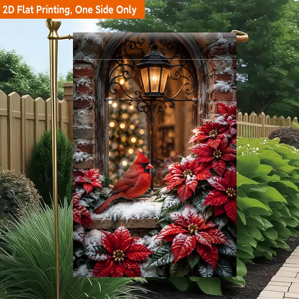 2D Flat, 2D Flat Printing Garden Flag 1pc, Winter Bird Near Lantern Durable Single-Sided Print Yard Flag, Garden & Home Holiday Decoration, 29.97x44.9