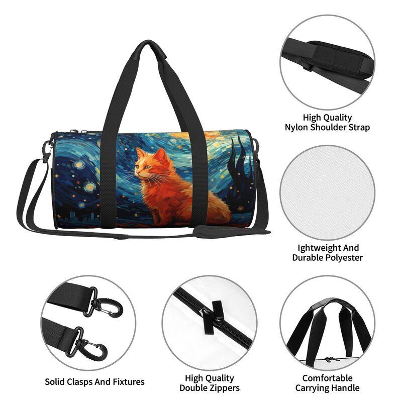 Vincent Van Gogh Blaue Sternennacht Katze Reise-Duffelbag Unisex Leichtgewicht Yoga Fitnessstudio Sporttaschen Tragbare Wasserdichte Gepäcktasche