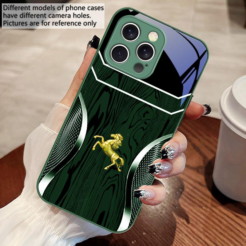 Wood Grain Golden Horse For IPhone 16 Pro Max 15 Pro 14 13 12 Mini 11 XS M Ax XR 7 8 Plu SE 2022 Tempered Glass Phone Case