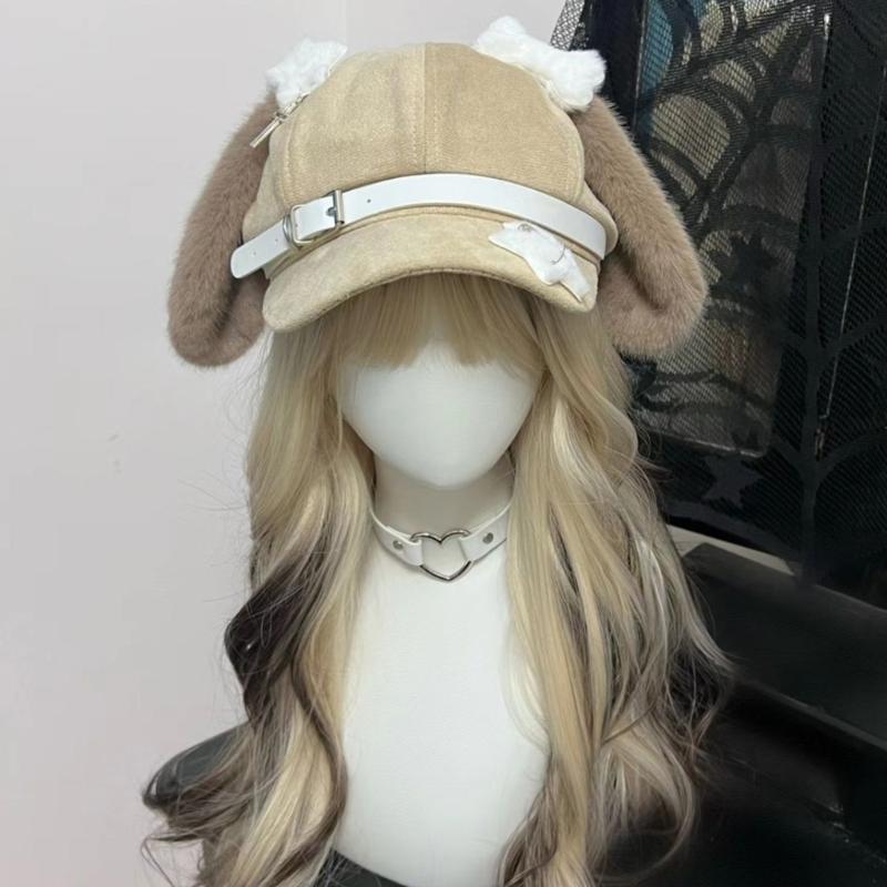 Handmade Berets Lovely Rabbit Painter Hat for Girls Furry Ear Cabbie Hat for Outdoor Leisure Casual Wear