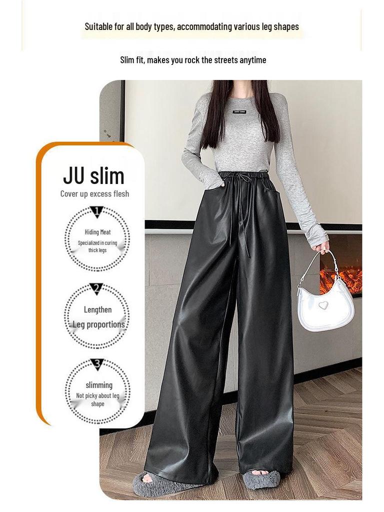 Damen Leder Kordelzug Weite Hosen - Herbst/Winter