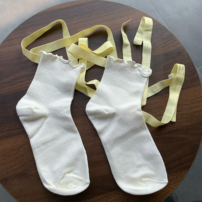 Balletcore Lace-Up Socks with Ruffled Cuff, Sweet Lolita Ribbed Crew Socks for Women, Y2K Aesthetic Leg Warmers Accessories