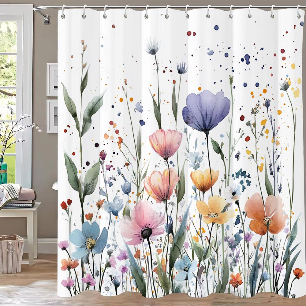 Spring Flowers And Butterflies Theme Shower Curtain, Bathroom Curtain, Floral Shower Curtain, Home Decoration Curtain With Hooks