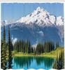 Mountain Lake Shower Curtain with Hooks – Snowy Glacier Peak, Pine Forest & Mirror Lake, White Green Blue Nature Decor