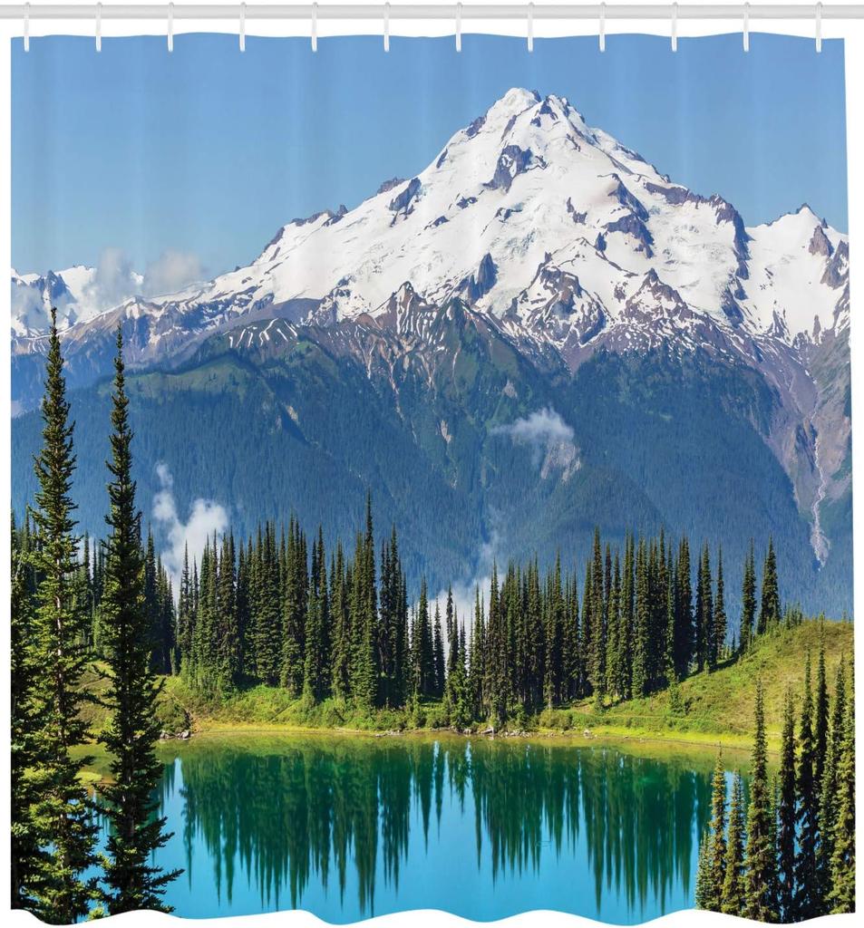 Mountain Lake Shower Curtain with Hooks – Snowy Glacier Peak, Pine Forest & Mirror Lake, White Green Blue Nature Decor