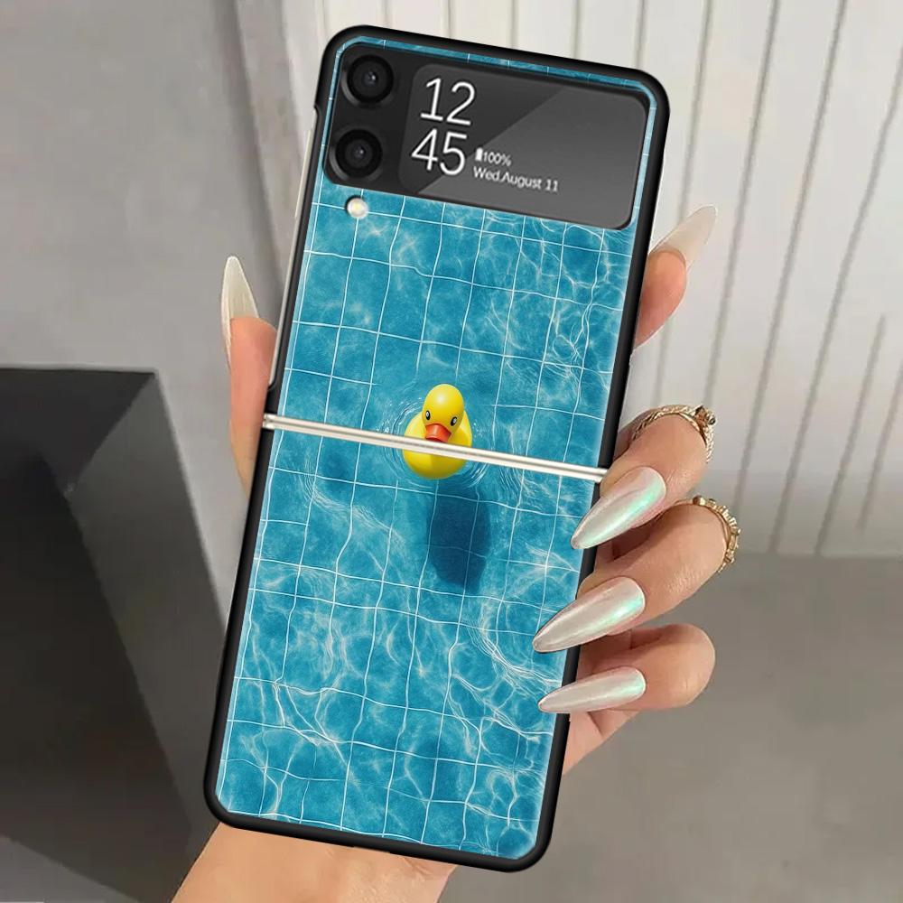 Rubber Ducks Swimming Pool Hard PC Phone Case For Samsung Galaxy Z Flip 7 6 5 4 3 Black ZFlip7 ZFlip6 Flip5 Flip4 Flip3 5G Print