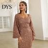 Long Dress Bell Sleeves Women Evening Sequin A-line Slim Fit Low-cut V Formal Occasion Gown Neck Maxi Mid Waist Back Zipper Closure Prom Slim-fit