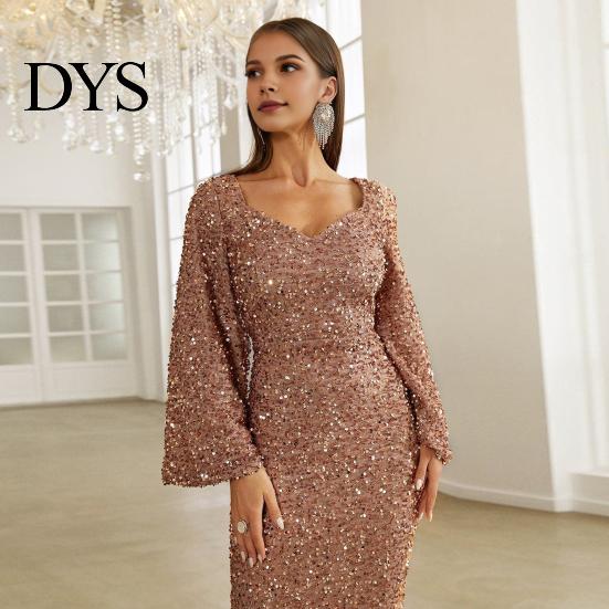 Long Dress Bell Sleeves Women Evening Sequin A-line Slim Fit Low-cut V Formal Occasion Gown Neck Maxi Mid Waist Back Zipper Closure Prom Slim-fit