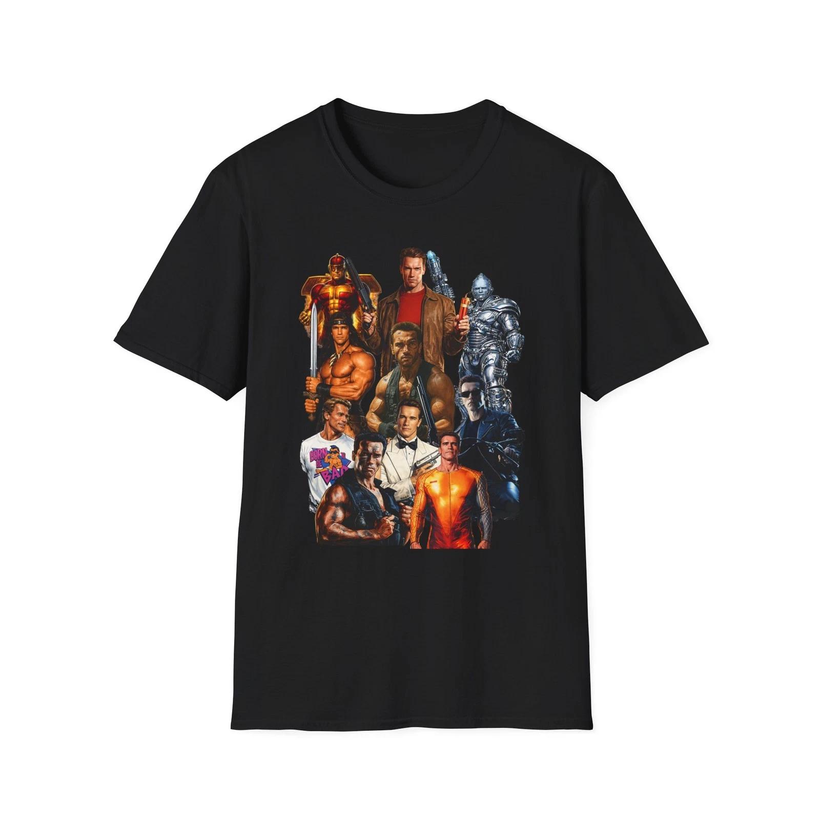 Retro Action Hero Collage Arnold Schwarzenegger T-Shirt | 90s Movie Characters XXXL