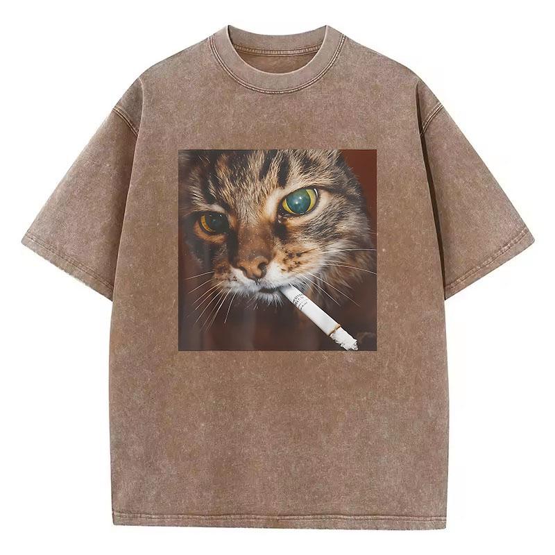 Hip Hop 2000s Smoking Retro Cat T Shirt Vintage Washed Cotton T-Shirt Graphic Tee Casual Streetwear Spring Summer