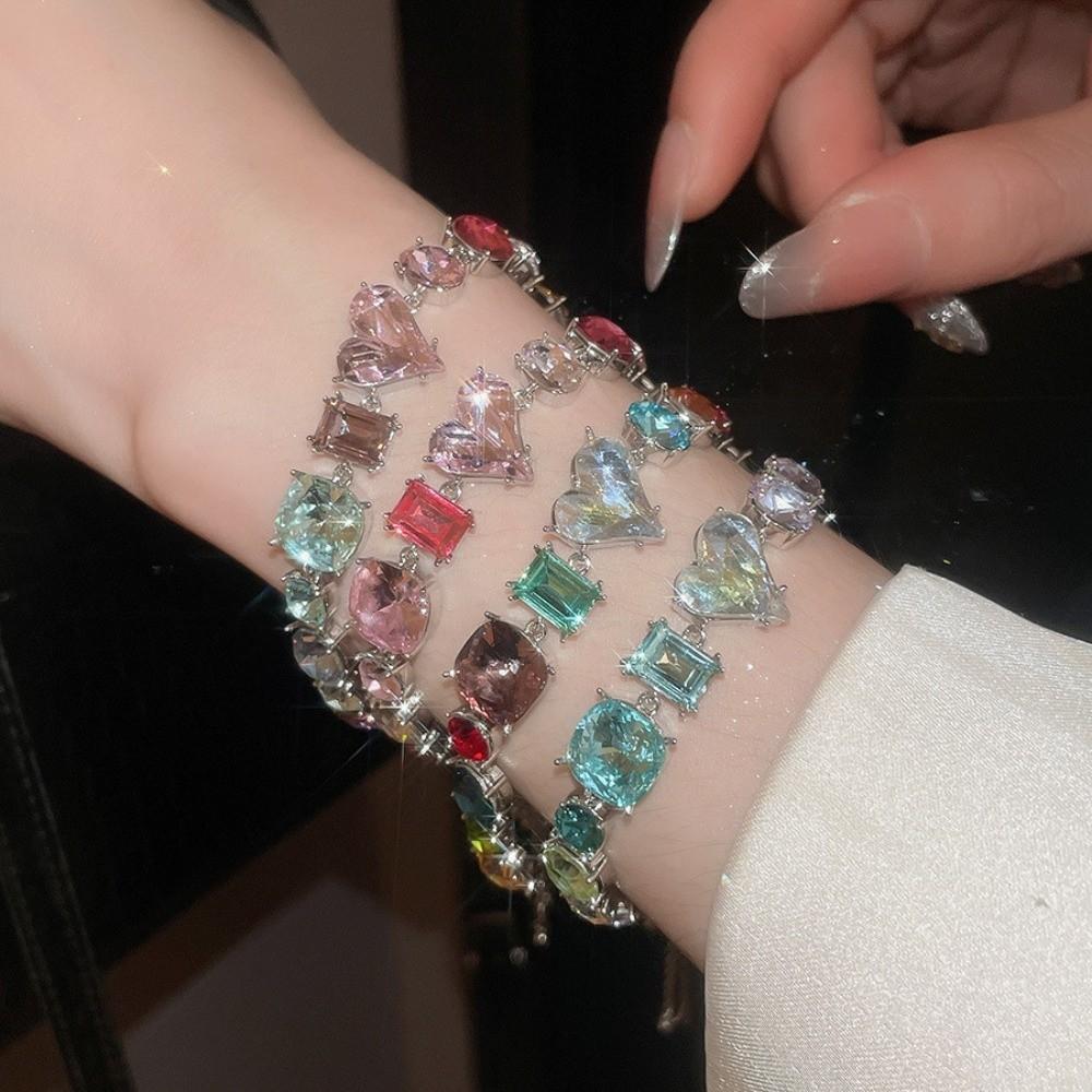 Love Heart Colorful Rhinestone Bangle Square Round Women's Hand Bracelet  Women Girl