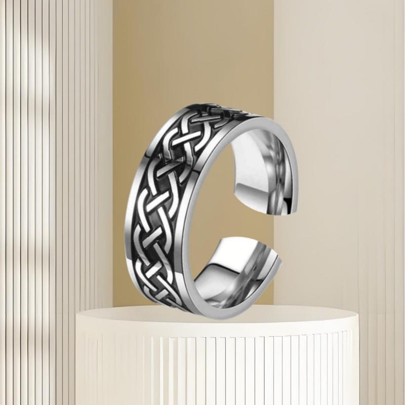 Adjustable Open Ring Men Women Vintage Textured Geometric Punk Style Copper Band Retro Fashion Accessory