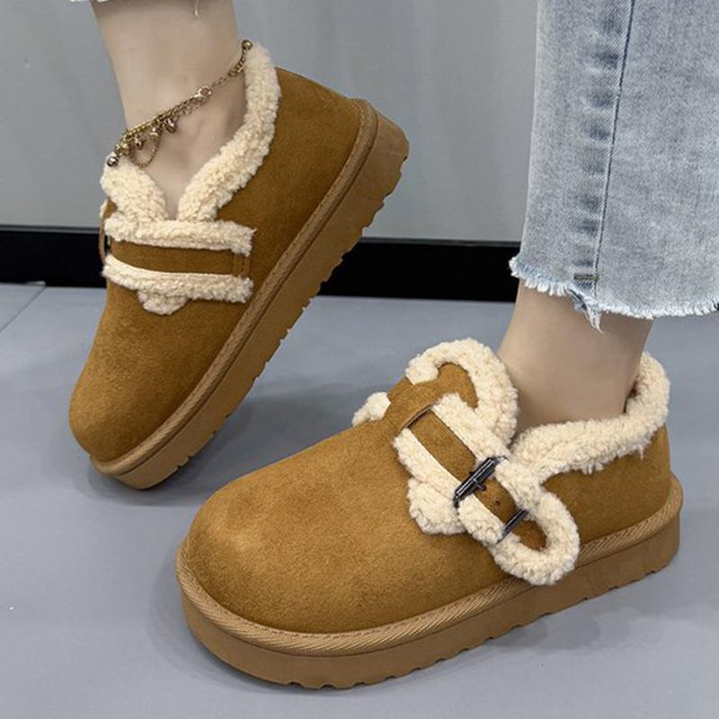 Comfortable Buckle Strap Snow Boots Women Patchwork Round Toe Warm Flats Boots Woman Winter  Faux Fur Warm Botas Ladies