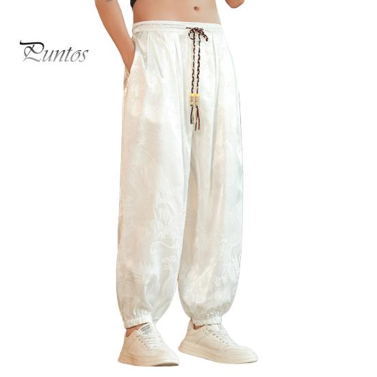 

Мужские повседневные брюки с этническим винтажным принтом, эластичным поясом, многокарманным дизайном, спортивные брюки, шаровары, повседневная одежда XXL белый