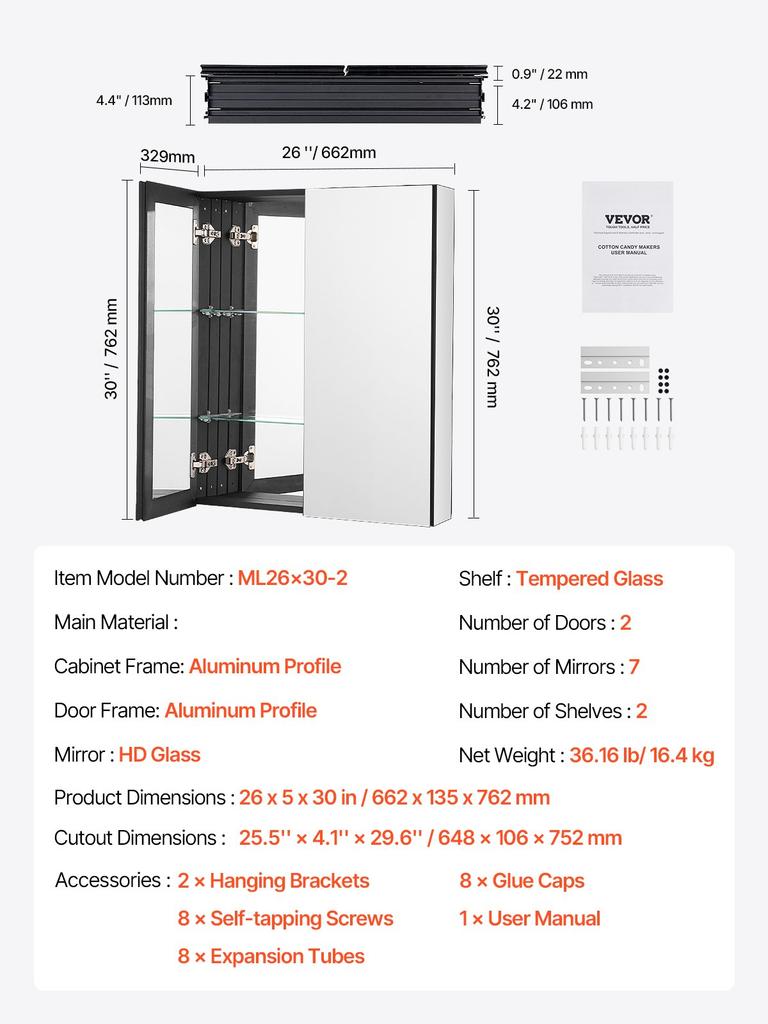 VEVOR Medicine Cabinet, 26 X 30 Inch, Medicine Cabinet for Bathroom with Mirror, Aluminum Frame Bathroom Wall Cabinet, 2-layer Adjustable Shelves
