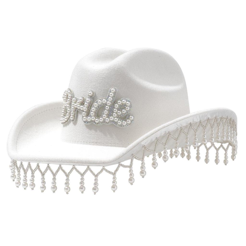 Women's Crystal Tassel Denim Bridal Hat with Pearls and Diamonds