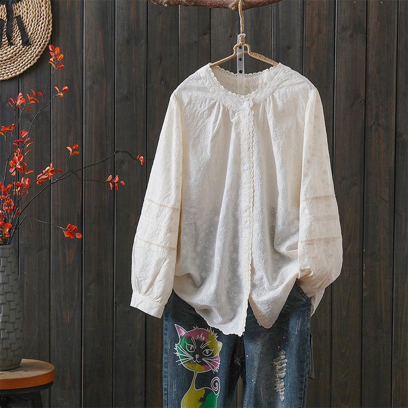 Women s Artistic Retro Lace Trim Cotton Linen Shirt - Loose Fit, High-End Feel, New 2026 Style Extra Large