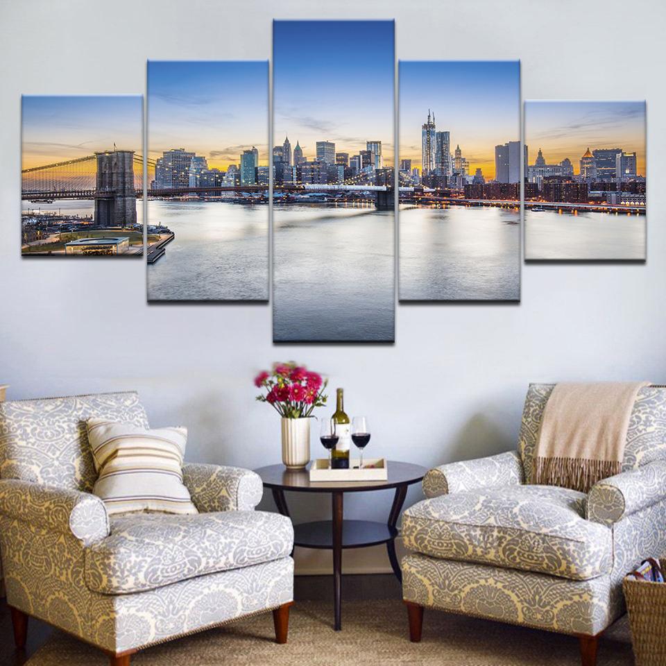 Leinwandgemälde Wohnzimmerdeko Drucke Poster 5 Stück Rahmen Brooklyn Bridge Sonnenuntergang Stadt Nachtansicht Bilder Wandkunst Kein Rahmen