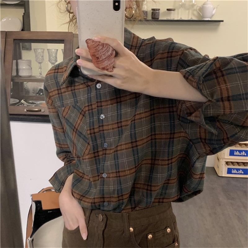 Women's Vintage Plaid Shirt Long Sleeve Loose Casual Button Up Blouse