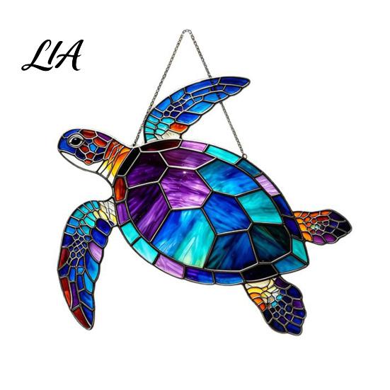 Hanging Coastal Wall Art Sea Turtle Suncatcher, Acrylic Window Ornament, Faux Stained Glass Indoor Outdoor Ornaments Decor for Ocean Lovers,
