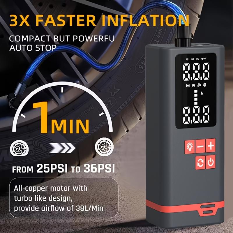Portable Tire Inflator Air Compressor, Quick Wireless Air Pump, with Digital Display Screen, LED Light, USB Charging, Includes Multi-Function
