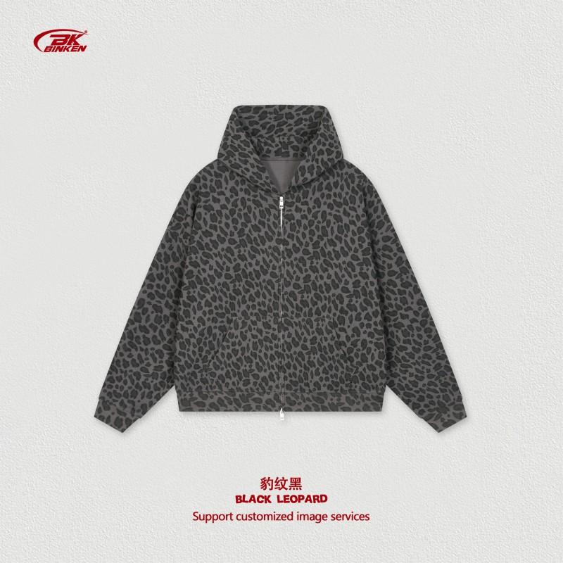Oversized Hooded Zip-Up Sweatshirt With Leopard Print Waffle Texture Streetwear Women Men Winter