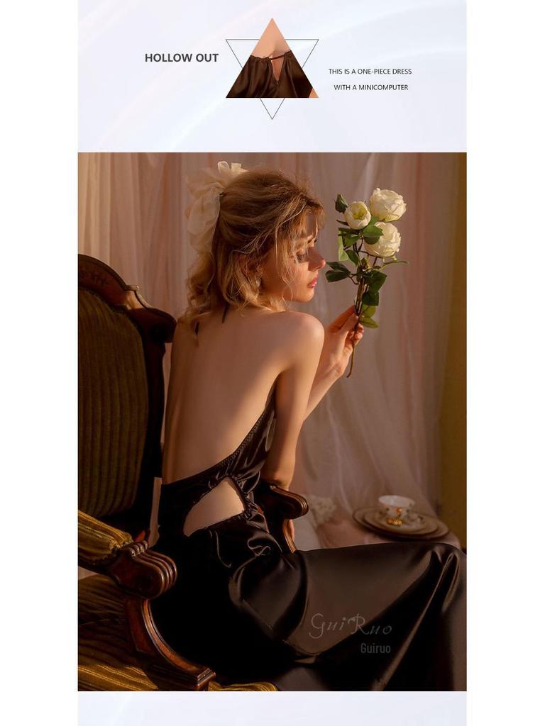 Guiruo Ice Silk Backless Nightdress – Sexy Halterneck Solid Color Pajamas for Spring and Summer (Q2750)