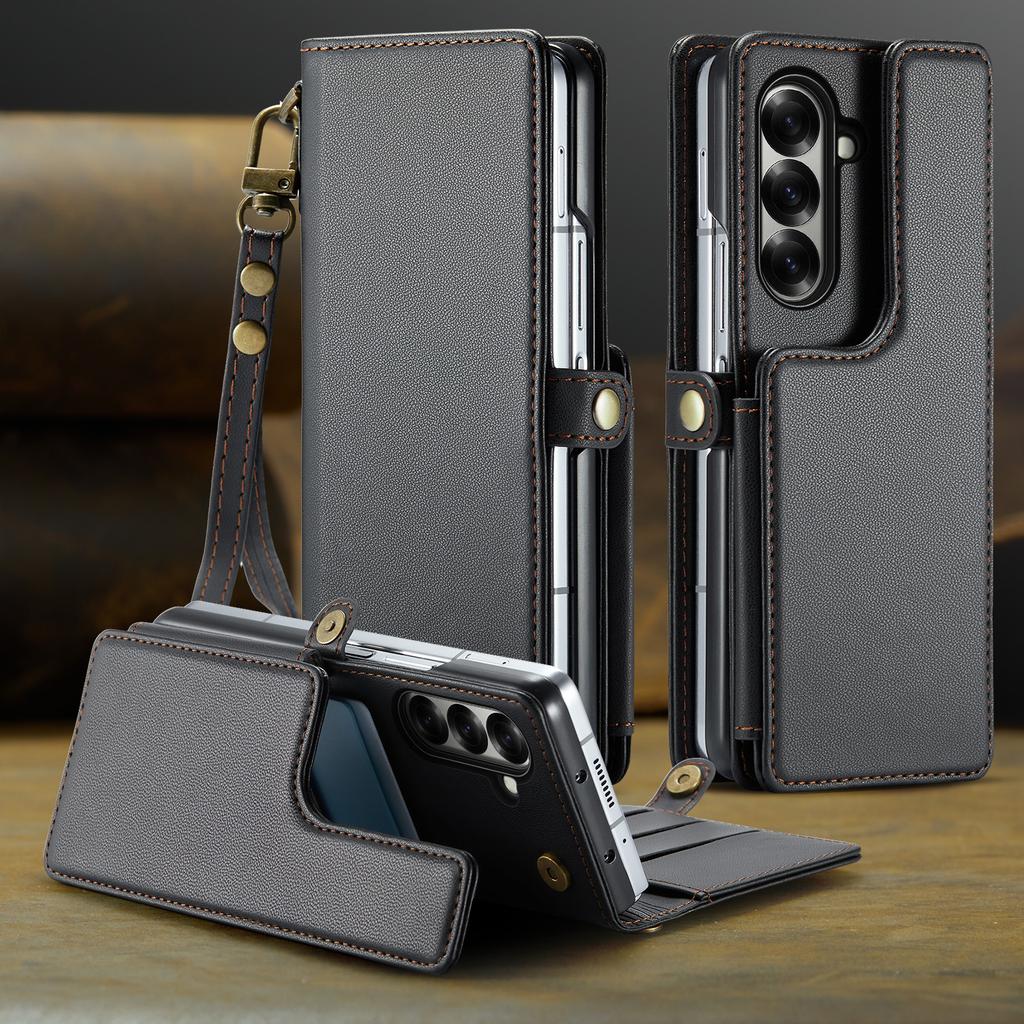 Premium Leather Case for Samsung Galaxy Z Fold 7 Fold6 Lanyard Card Holder Wallet RFID Blocking Protection Anti-drop Phone Cover