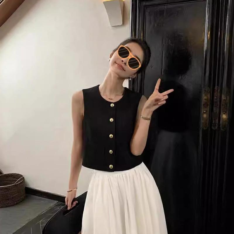 Dames fransk rund hals enkeltspent dobbel lomme ermeløs avslappet strikket vest