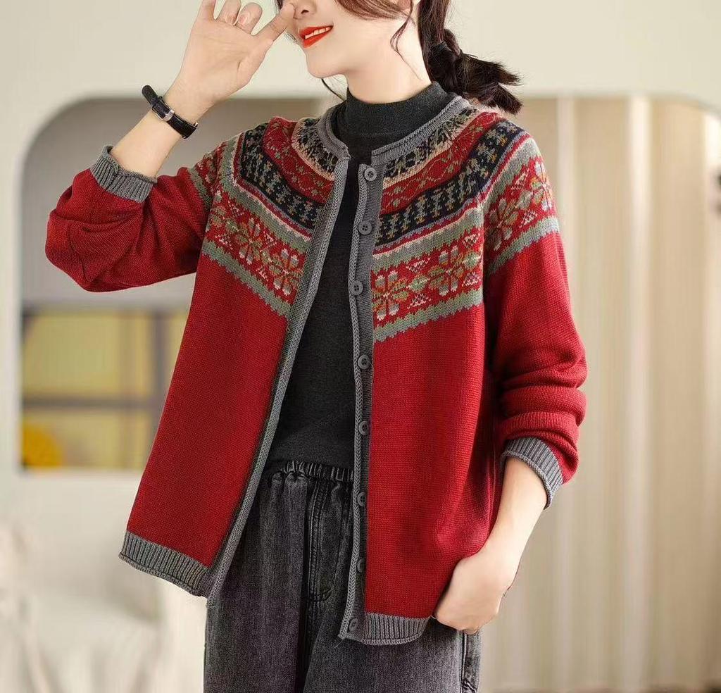 Women's Retro Ethnic Style Loose Knit Cardigan with Long Sleeves