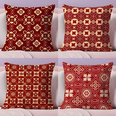 Chinese Style Red Retro Cushion Cover Short Plush Double-Sided Printing Home Machine Washable In Warm Winter Cushion Cover