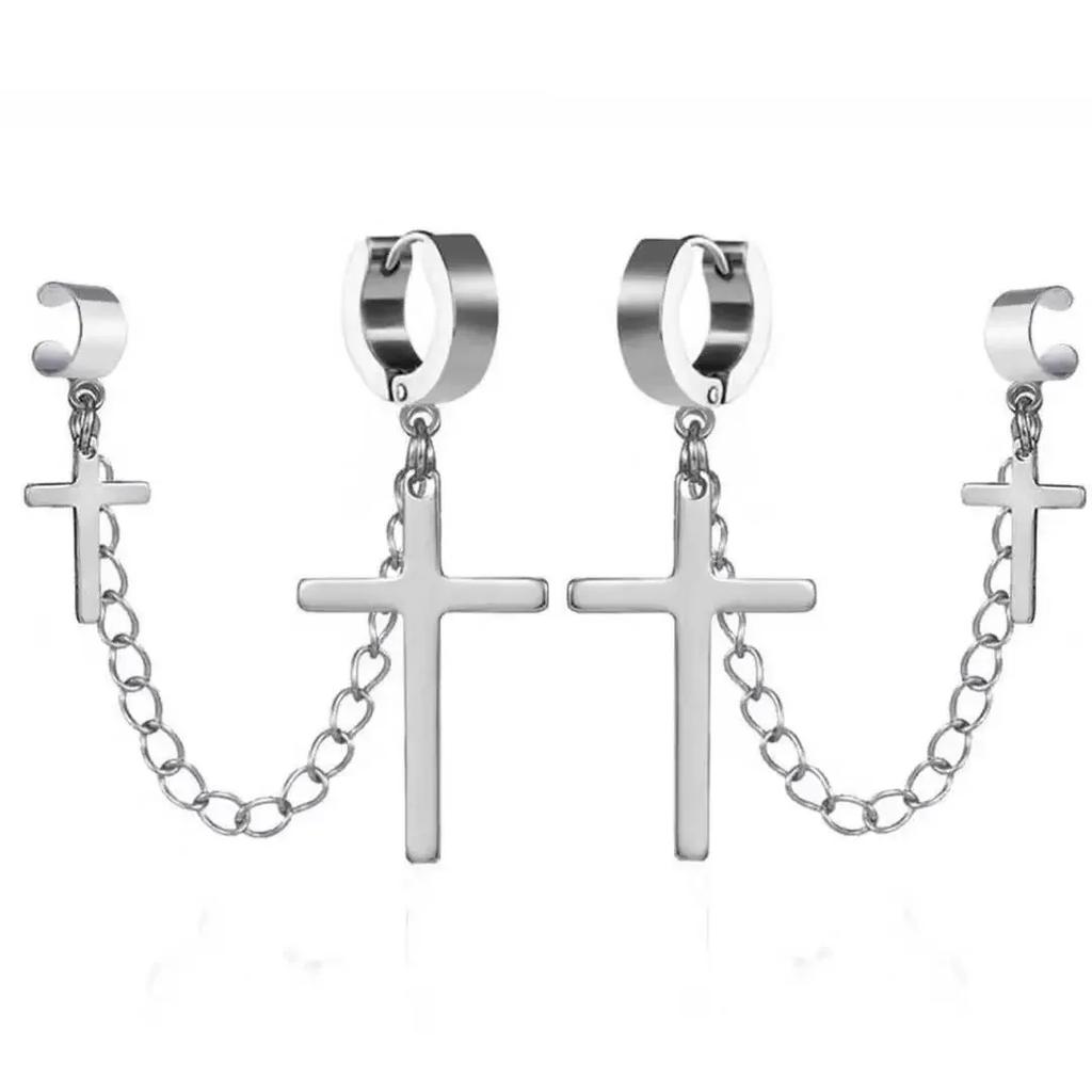 Goth Zircon Crystal Cross Drop Dangle Earring for Women Men Luxury Gold Silver Hoop Earrings Fashion Punk Jewelry