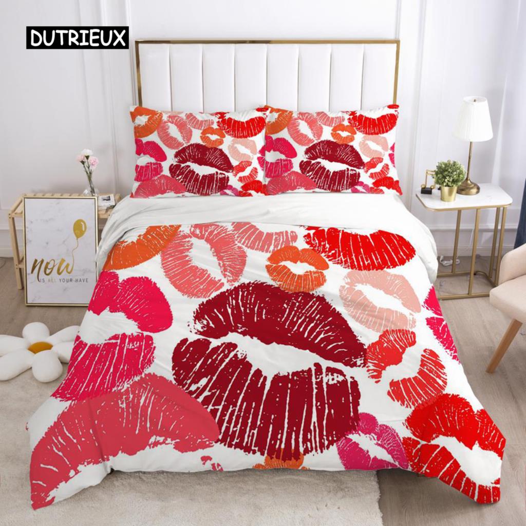 Röda Läppar Påslakanset Queen Polyester Kärlek Twin Sängkläder Sexigt Tema Vuxen Par Täcke Örngott 3D Kyssmärken Quiltöverdrag