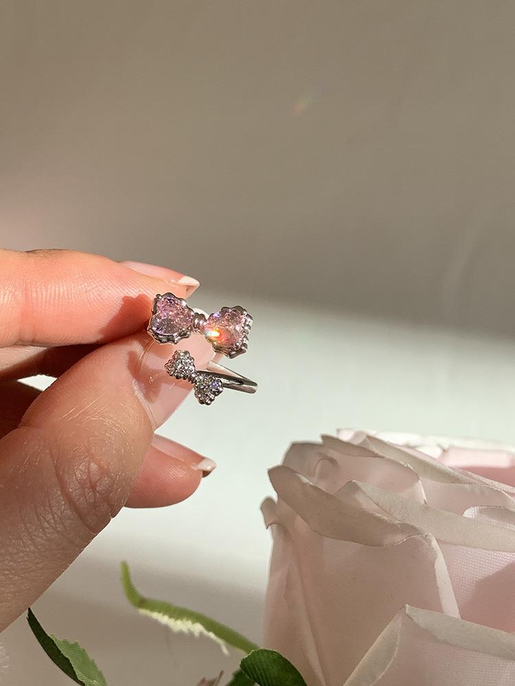 Elegant Women's Adjustable Sweet Pink Zirconia Bow Ring for Index Finger