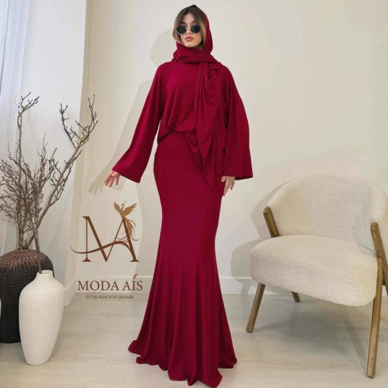 2025 Autumn Festival Europe and America Loose and Comfortable Versatile Commuter Long-sleeved Top Long Skirt Solid Color Jacket Three-piece Women's 
