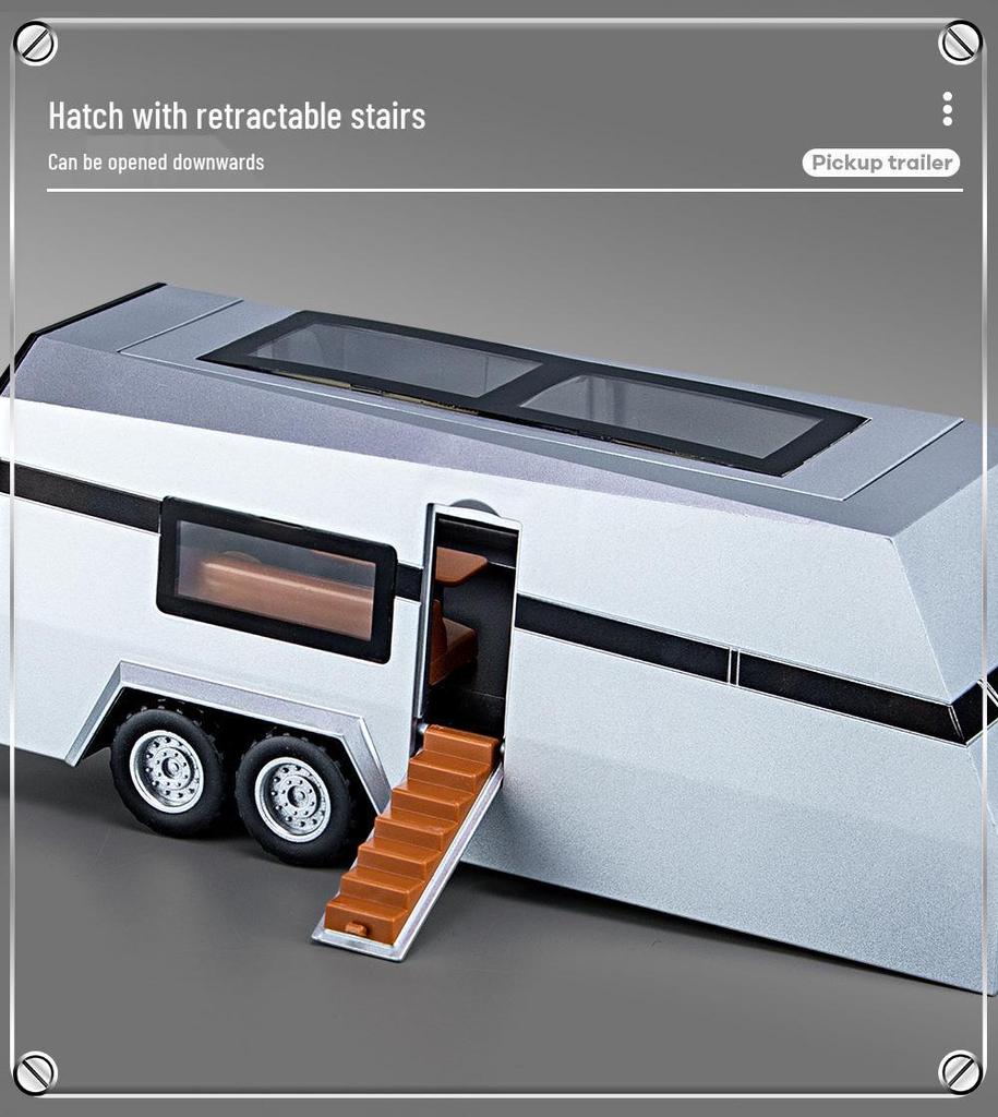 1:32 Tesla Pickup Truck Toy with Caravan: Alloy Pull-back Model with Sound, Light, and Opening Doors