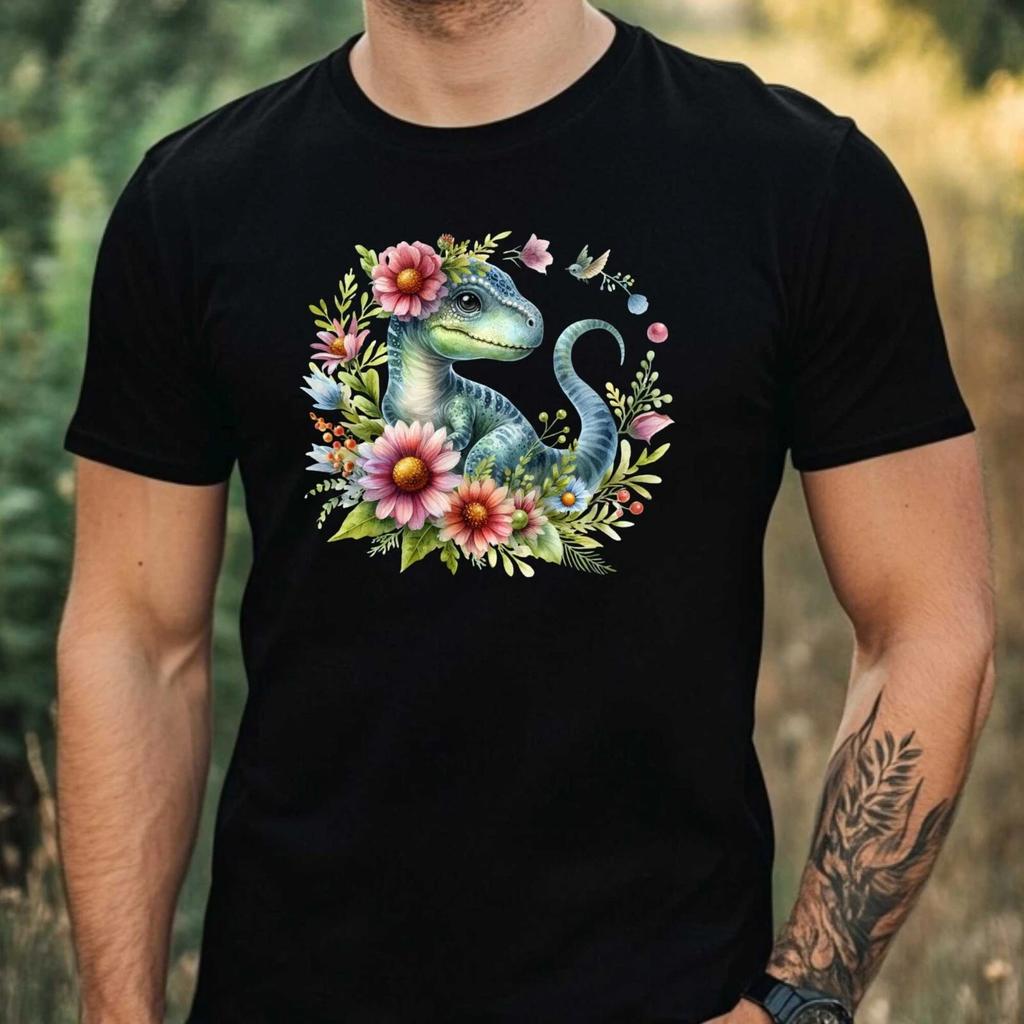 T-Shirt Herren Dino mit Blume Motiv Baumwolle Größe XS bis 5XL